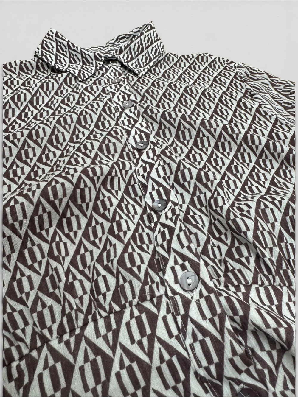 Free People Rillo Mini Tie-Waist Shirtdress Brown & Cream Geometric Print Size S